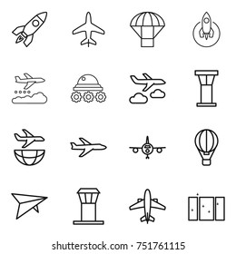 thin line icon set : rocket, plane, parachute, weather management, lunar rover, journey, airport tower, shipping, air ballon, deltaplane, airplane, clean window