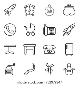 thin line icon set : rocket, alarm clock, purse, phone, baby stroller, table, stool, fridge, hand mill, sickle, windmill, apron