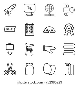 thin line icon set : rocket, monitor arrow, globe connect, satellite, sale, building, dome house, medal, baggage get, Chair for babies, cook glove, towel, scissors, flour, eggs, paper