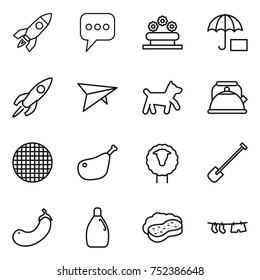 thin line icon set : rocket, message, flower bed, insurance, deltaplane, dog, kettle, sieve, chicken leg, sheep, shovel, eggplant, cleanser, sponge with foam, drying clothe