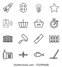 thin line icon set : rocket, dollar, bulb, star, pass card, basket, remove from, stopwatch, airport building, repair, level, fence, phone, plane, fish, rake
