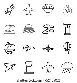thin line icon set : rocket, plane, parachute, weather management, lunar rover, journey, airport tower, shipping, air ballon, deltaplane, airplane, rain cloud