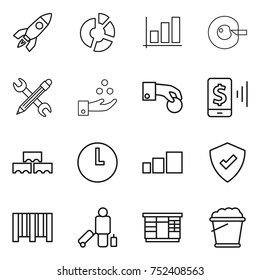 thin line icon set : rocket, circle diagram, graph, cell corection, pencil wrench, chemical industry, hand coin, mobile pay, block wall, clock, sorting, protected, bar code, passenger, wardrobe