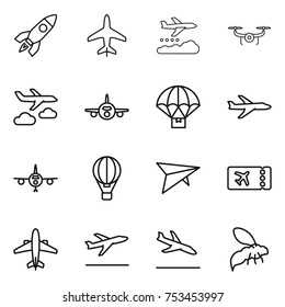 thin line icon set : rocket, plane, weather management, drone, journey, parachute delivery, air ballon, deltaplane, ticket, airplane, departure, arrival, wasp