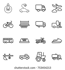 thin line icon set : rocket, electric car, delivery, journey, bike, truck shipping, fork loader, bus, taxi, motorcycle, jet ski, plow, pickup, tractor, sweeper