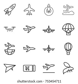 thin line icon set : rocket, plane, weather management, drone, parachute delivery, shipping, air ballon, deltaplane, ticket, departure, wasp