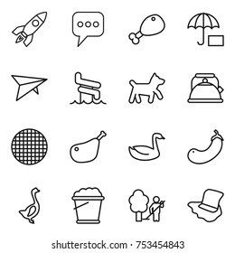 thin line icon set : rocket, message, chicken leg, insurance, deltaplane, aquapark, dog, kettle, sieve, goose, eggplant, foam bucket, garden cleaning, floor washing