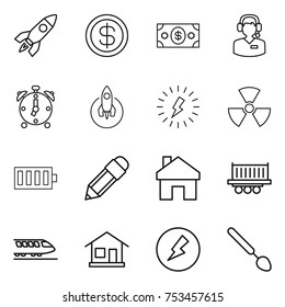 thin line icon set : rocket, dollar, money, call center, alarm clock, lightning, nuclear, battery, pencil, home, truck shipping, train, electricity, big spoon