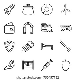 thin line icon set : rocket, purse, circle diagram, windmill, wallet, arch, train, bus, shield, jellyfish, bed, big fork, hand leaf, farm fence, syringe, acorn