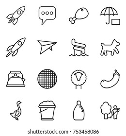 thin line icon set : rocket, message, chicken leg, insurance, deltaplane, aquapark, dog, kettle, sieve, sheep, eggplant, goose, foam bucket, cleanser, garden cleaning