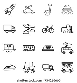 thin line icon set : rocket, eco car, segway, lunar rover, delivery, journey, bike, fork loader, trailer, bus, taxi, transfer, jet ski, tractor, sweeper, wash