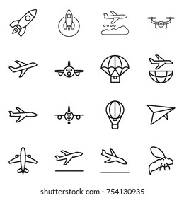 thin line icon set : rocket, weather management, drone, plane, parachute delivery, shipping, air ballon, deltaplane, airplane, departure, arrival, wasp