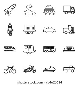 thin line icon set : rocket, electric car, lunar rover, delivery, spark plug, truck shipping, fork loader, train, trailer, bus, taxi, bike, motorcycle, jet ski, pickup