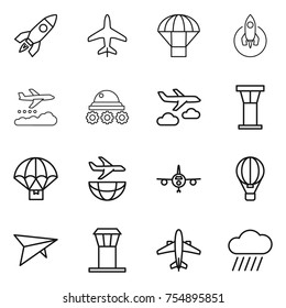 thin line icon set : rocket, plane, parachute, weather management, lunar rover, journey, airport tower, delivery, shipping, air ballon, deltaplane, airplane, rain cloud