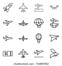 thin line icon set : rocket, plane, weather management, drone, parachute delivery, shipping, air ballon, deltaplane, ticket, airplane, departure, wasp