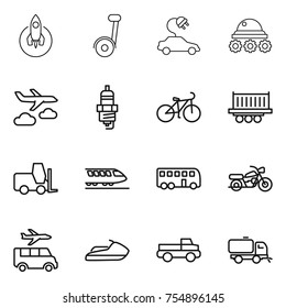 thin line icon set : rocket, segway, electric car, lunar rover, journey, spark plug, bike, truck shipping, fork loader, train, bus, motorcycle, transfer, jet ski, pickup, sweeper