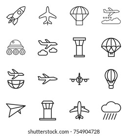 thin line icon set : rocket, plane, parachute, weather management, lunar rover, journey, airport tower, delivery, shipping, air ballon, deltaplane, airplane, rain cloud