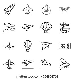 thin line icon set : rocket, plane, drone, journey, parachute delivery, shipping, air ballon, deltaplane, ticket, airplane, departure, arrival, wasp