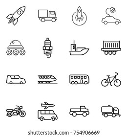 thin line icon set : rocket, truck, electric car, lunar rover, spark plug, sea shipping, train, bus, bike, motorcycle, transfer, pickup, sweeper