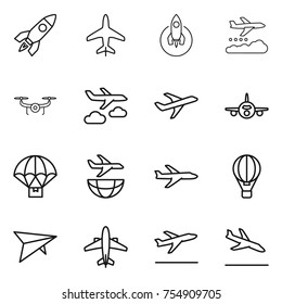 thin line icon set : rocket, plane, weather management, drone, journey, parachute delivery, shipping, air ballon, deltaplane, airplane, departure, arrival