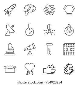 thin line icon set : rocket, brain, atom, hex molecule, satellite antenna, round flask, virus, microscope, telescope, vial, cpu, electrostatic, cardio chip, acid, microb