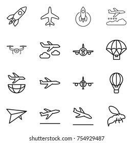 thin line icon set : rocket, plane, weather management, drone, journey, parachute delivery, shipping, air ballon, deltaplane, departure, arrival, wasp