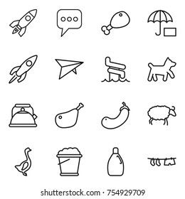 thin line icon set : rocket, message, chicken leg, insurance, deltaplane, aquapark, dog, kettle, eggplant, sheep, goose, foam bucket, cleanser, drying clothe