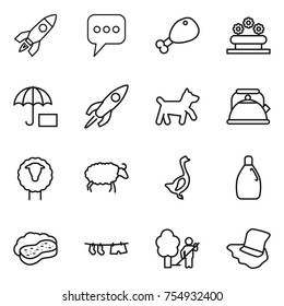 thin line icon set : rocket, message, chicken leg, flower bed, insurance, dog, kettle, sheep, goose, cleanser, sponge with foam, drying clothe, garden cleaning, floor washing