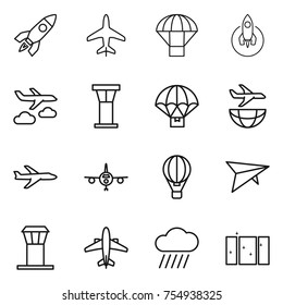 thin line icon set : rocket, plane, parachute, journey, airport tower, delivery, shipping, air ballon, deltaplane, airplane, rain cloud, clean window
