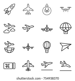thin line icon set : rocket, plane, drone, journey, parachute delivery, shipping, air ballon, deltaplane, ticket, airplane, departure, arrival