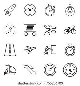 thin line icon set : rocket, clock, stopwatch, lightning, delivery, journey, bike, road, plane, courier, sail boat, escalator, barometer, watch