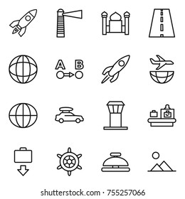 thin line icon set : rocket, lighthouse, minaret, road, globe, route a to b, plane shipping, car baggage, airport tower, checking, get, handwheel, service bell, landscape