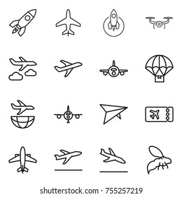 thin line icon set : rocket, plane, drone, journey, parachute delivery, shipping, deltaplane, ticket, airplane, departure, arrival, wasp