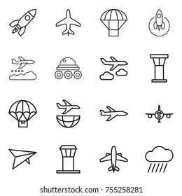thin line icon set : rocket, plane, parachute, weather management, lunar rover, journey, airport tower, delivery, shipping, deltaplane, airplane, rain cloud