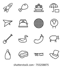thin line icon set : rocket, chicken leg, flower bed, insurance, deltaplane, kettle, sieve, sheep, shovel, goose, eggplant, cleanser, sponge with foam, drying clothe, floor washing