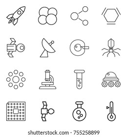 thin line icon set : rocket, atom core, molecule, hex, satellite, antenna, cell corection, virus, round around, microscope, vial, lunar rover, cpu, chemical, thermometer