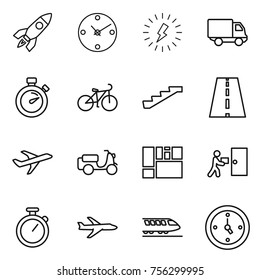 Thin line icon set : rocket, clock, lightning, delivery, stopwatch, bike, stairs, road, plane, scooter shipping, consolidated cargo, courier, train, watch