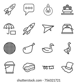 Thin line icon set : rocket, message, flower bed, insurance, deltaplane, kettle, sieve, chicken leg, goose, foam bucket, sponge with, drying clothe, floor washing