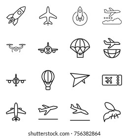 Thin line icon set : rocket, plane, weather management, drone, parachute delivery, shipping, air ballon, deltaplane, ticket, airplane, departure, arrival, wasp