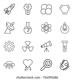 Thin line icon set : rocket, bulb brain, atom core, hex molecule, satellite antenna, round flask, around, nuclear, telescope, vial, ufo, cardio chip, viruses, microb