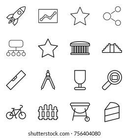 Thin line icon set : rocket, statistics, star, molecule, structure, airport building, pyramid, level, drawing compasses, fragile, cargo search, bike, fence, bbq, cake