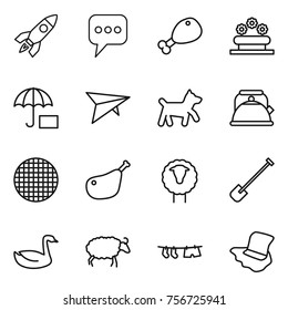 Thin line icon set : rocket, message, chicken leg, flower bed, insurance, deltaplane, dog, kettle, sieve, sheep, shovel, goose, drying clothe, floor washing