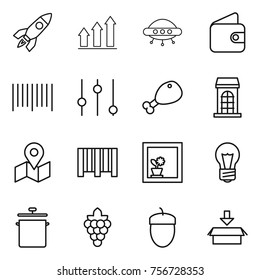Thin line icon set : rocket, graph up, ufo, wallet, bar code, equalizer, chicken leg, building, map, flower in window, bulb, pan, grape, acorn, package