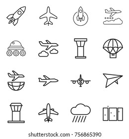 Thin line icon set : rocket, plane, weather management, lunar rover, journey, airport tower, parachute delivery, shipping, deltaplane, airplane, rain cloud, clean window