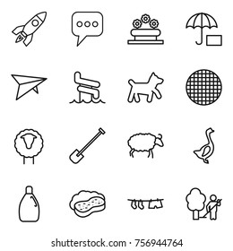 Thin line icon set : rocket, message, flower bed, insurance, deltaplane, aquapark, dog, sieve, sheep, shovel, goose, cleanser, sponge with foam, drying clothe, garden cleaning