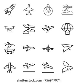 Thin line icon set : rocket, plane, weather management, drone, journey, parachute delivery, shipping, deltaplane, airplane, departure, arrival, wasp