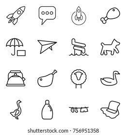 Thin line icon set : rocket, message, chicken leg, insurance, deltaplane, aquapark, dog, kettle, sheep, goose, cleanser, drying clothe, floor washing