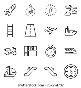 Thin line icon set : rocket, lightning, journey, stairs, road, plane, sea shipping, scooter, consolidated cargo, stopwatch, train, sail boat, escalator, watch
