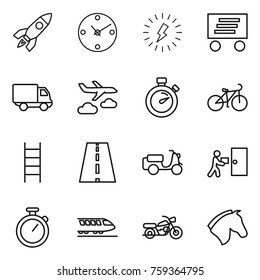 Thin line icon set : rocket, clock, lightning, delivery, journey, stopwatch, bike, stairs, road, scooter shipping, courier, train, motorcycle, horse