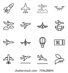 Thin line icon set : rocket, plane, weather management, drone, journey, shipping, air ballon, ticket, airplane, departure, arrival, wasp